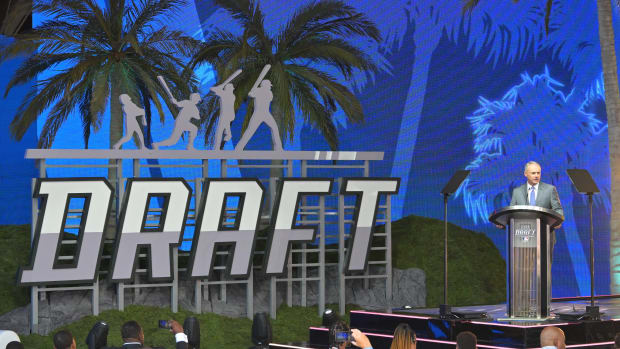 Jul 17, 2022; Los Angeles, CA, USA; Rob Manfred, commissioner of Major League Baseball speaks at the MLB draft stage at XBox Plaza at LA Live.